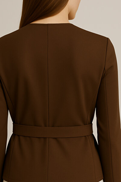 Elbikom Bluz kemer detaylı kahverengi premium kumaş