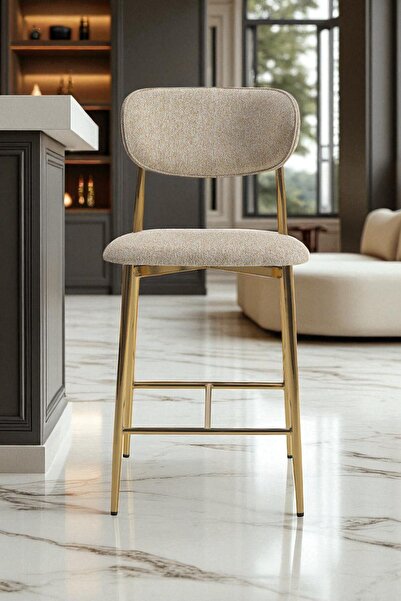 fursimo Hanev Serisi 1 Adet 65 Cm Krem Ada Mutfak Bar Sandalyesi Gold Kaplama Metal Ayak
