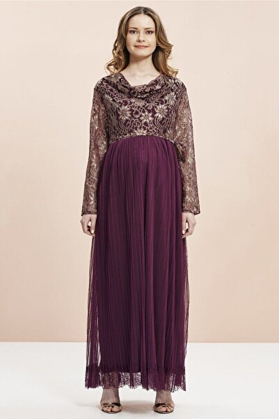 Genel Markalar Kadın Bordo Degaje Yakalı Abiye Hamile Elbise