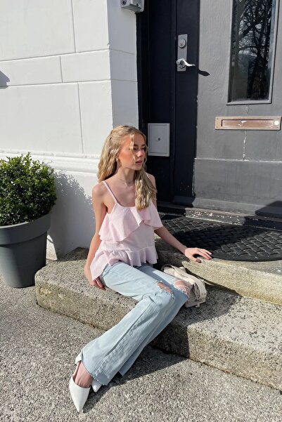 VibeGaia Τζιν παντελόνι με ροζ ραμμένο σχισμένο γόνατο με χαμηλή μέση