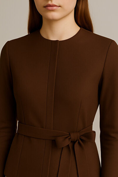 Elbikom Bluz kemer detaylı kahverengi premium kumaş