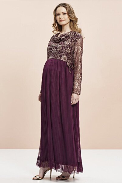 Genel Markalar Kadın Bordo Degaje Yakalı Abiye Hamile Elbise