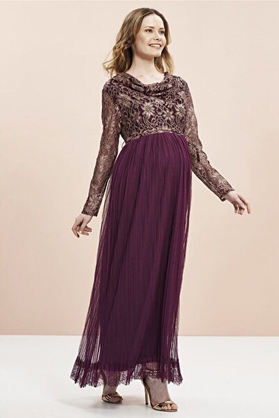 Genel Markalar Kadın Bordo Degaje Yakalı Abiye Hamile Elbise