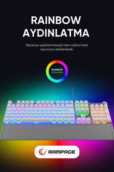Rampage Kb-r28 Blade Plus Mekanik Klavye Gökkuşağı Türkçe Red Switch Mekanik Oyuncu Klavyesi-beyaz