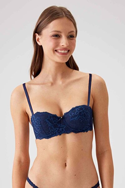 Pierre Cardin 2'li Ekonomik Paket Ekru - Lacivert 6203-2 Balenli Destekli Straplez Dantelli Sütyen Set