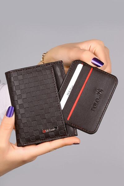 Polo Air Kahverengi Dama Desenli Kutulu Erkek Cüzdan Kemer Kartlık Seti