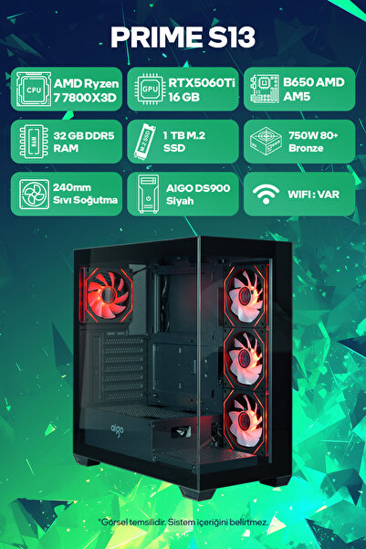 Game Garaj Prime S13 AMD Ryzen 7 7800X3D 32GB RAM 1TB SSD RTX5060Ti 240mm Sıvı Soğutma FreeDOS Oyuncu Tavsiye