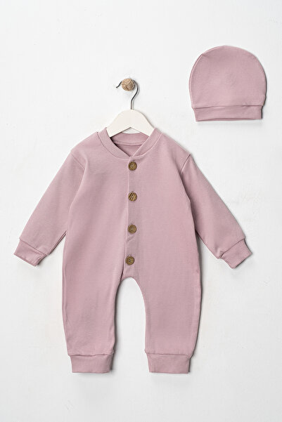 DIMPLE BABY Solid Color Buttoned Beret 2-Piece Jumpsuit Set