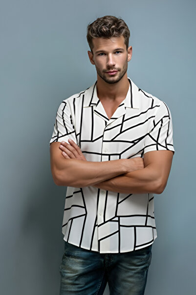 MCZ White Color Broken Line Woven Viscose Large Size Men's Shirt