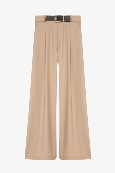 Quzu Belted Pleated High Waist Palazzo Pants Beige