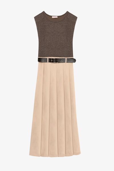 Quzu Pleated Midi Dress with Belted Contrast Fabric Brown
