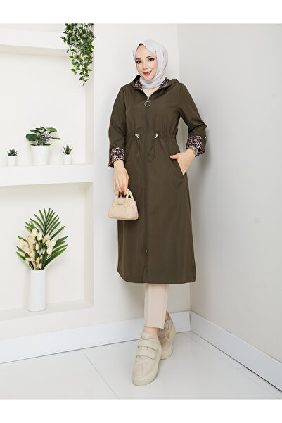 RACE FASHİON Leopar Desenli Bondit Kumaş Beli Lastikli Kapşonlu Su Geçirmez Trençkot RC1205010