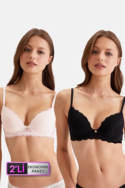 Pierre Cardin 2'li Ekonomik Paket Pudra-siyah 4731001-2 Rome Balenli Soft Push Up Dantelli Sütyen Set