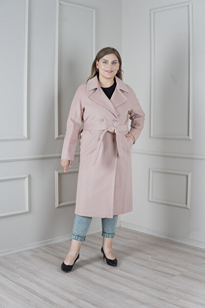 KENT Uzun Büyük Beden Pudra Kaban Kuşaklı Slim Fit Geniş Cepli