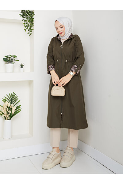 RACE FASHİON Leopar Desenli Bondit Kumaş Beli Lastikli Kapşonlu Su Geçirmez Trençkot RC1205010