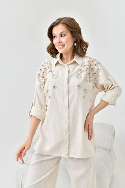 MVStore Floral Patterned Embroidered and Stone Detailed Linen Oversize Women's Shirt and Pants Set