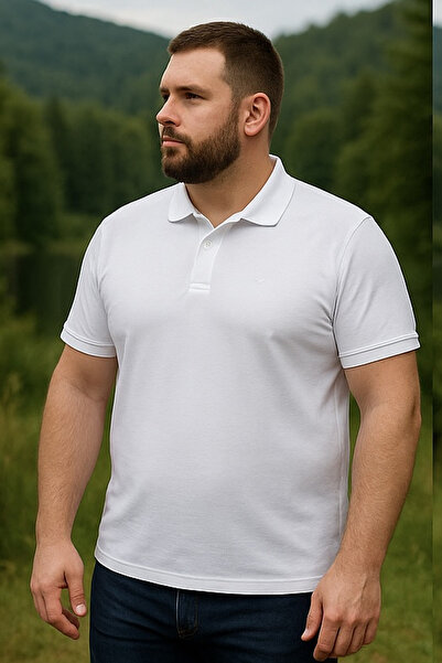 Maccali Men's Large Size Loose Basic White Polo Neck T-Shirt