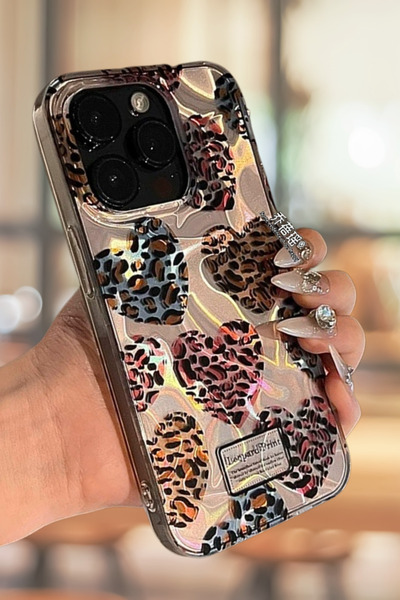 EWEC iPhone 14 Pro Uyumlu Kalpli Leopar Desenli Hologramlı IMD Premium Telefon Kılıfı