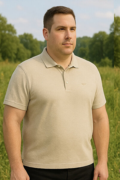 Maccali Men's Plus Size Loose Basic Cream Polo Neck T-Shirt