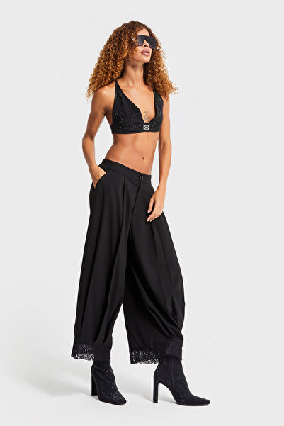its basic Жіночі чорні штани з чорною мереживною обробкою, вільного крою, з особливим дизайном
