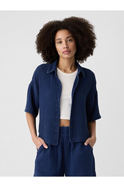 GAP Kadın Koyu Mavi Gauze Crop Bluz