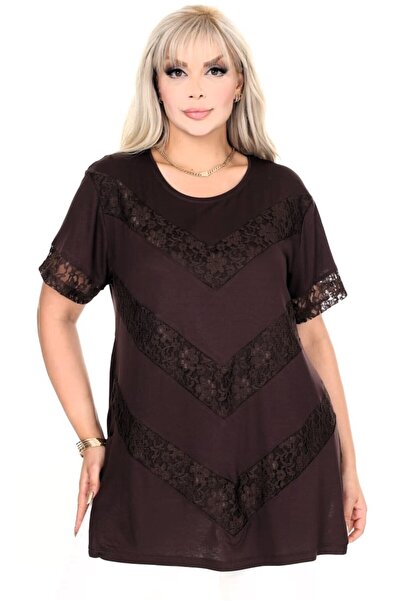 Kheos V-Block Asymmetrical Round Neck Flowy Flowy Casual Fit Short Sleeve Blouse with Lace Skirt Slit
