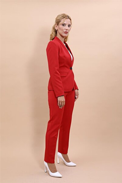 ÖNDER ÖZSOY Single Button Classic Jacket & Skinny Leg Trousers-Red