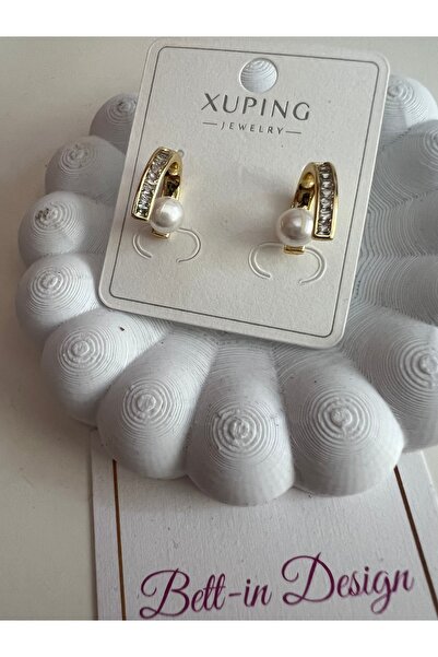 bettin tasarım Xuping Gold İnci Detaylı 14K Altın Kaplama Kadın Çelik Küpe