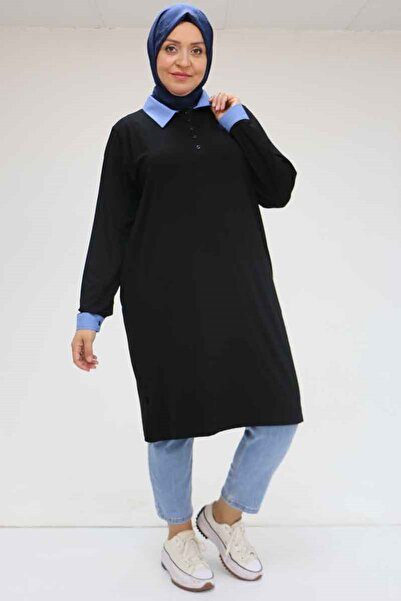 Eslina F-58036 Μεγάλο μέγεθος τουνίκ από χτενισμένο βαμβάκι με συνδυασμό γιακά και μανίκια - Μαύρο