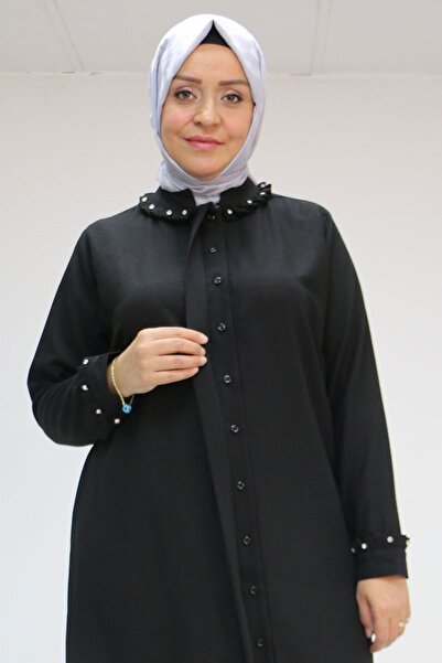 Eslina فستان تونيك كبير الحجم من الكتان مع ياقة وأكمام مزينة بالأحجار - أسود