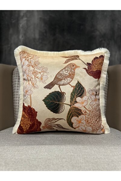 Fabricland İthal İpek Kadife Krem Zemin Klasik Kuşlu PÜSKÜLLÜ KIRLENT KILIFI ...