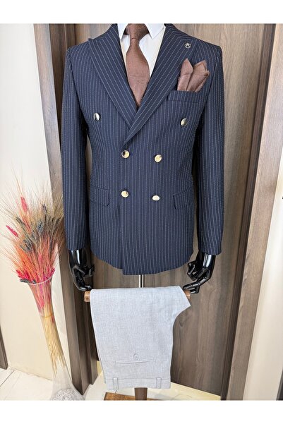 leonmen Italian Style Striped Double-Breasted Jacket