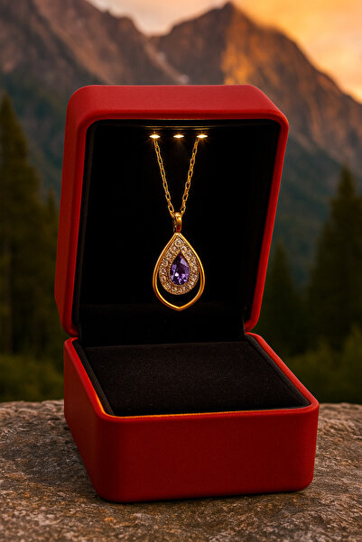 KAR DİAMOND 14 Ayar Altın Zincirli Ametist Taşlı Kraliçe Damlası Kolye - Sert...