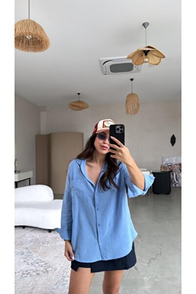 elnabutik Uzun Kollu Oversize Mavi Keten Gömlek