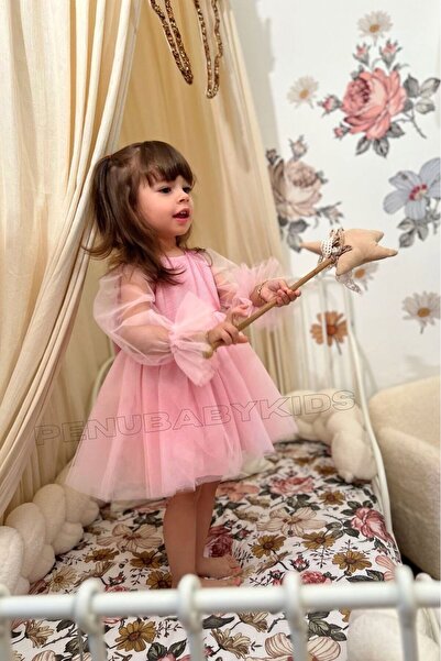 penu baby kids Pembe Pırıltılı Kumaş Kol Ucu Fırfırlı Tül Etekli Uzun Tül Kollu Kız Çocuk Kız Bebek Elbise