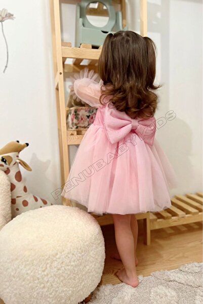 penu baby kids Pembe Pırıltılı Kumaş Kol Ucu Fırfırlı Tül Etekli Uzun Tül Kollu Kız Çocuk Kız Bebek Elbise