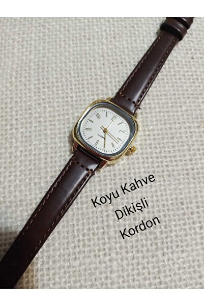 QUARTZ Minimal Vintage Kadın Kol Saati Retro Model Koyu Kahve Renk Dikişli Model