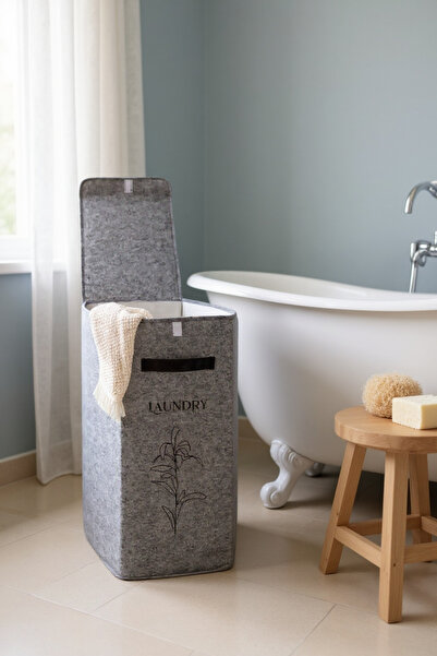 Milenay Dekoratif Keçe Deri Detaylı Kapaklı Çamaşır Sepeti