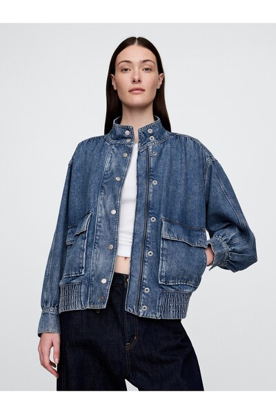 GAP Kadın Mavi UltraSoft Denim Bomber Ceket