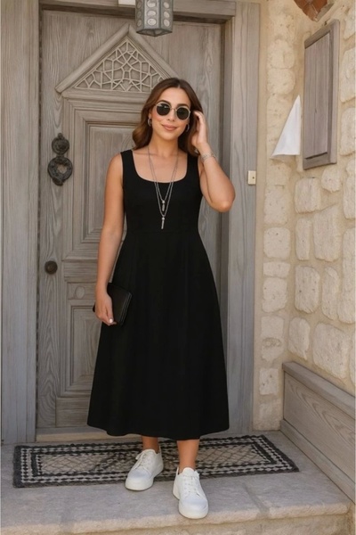 Bijuterria Women's Strap Geometric Collar Wide Cut Detailed Imported Crepe Dress