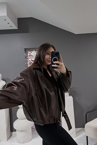 Jaglion Δερμάτινο μπουφάν Luvren Trend oversized Bomber με ζώνη