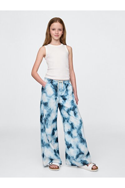GAP Kız Çocuk Mavi Kids UltraSoft Denim Tie-Dye Kolay Baggy Pantolon