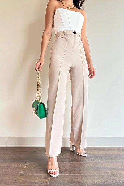 modazoom Γυναικείο παντελόνι Palazzo με ελαστική μέση σε καφέ χρώμα