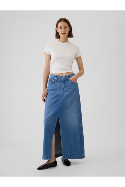 GAP Kadın Mavi UltraSoft Denim Midi Etek