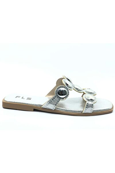 KOCAMANLAR Feles Thin Sole Stone Detailed Women's Slippers Silver