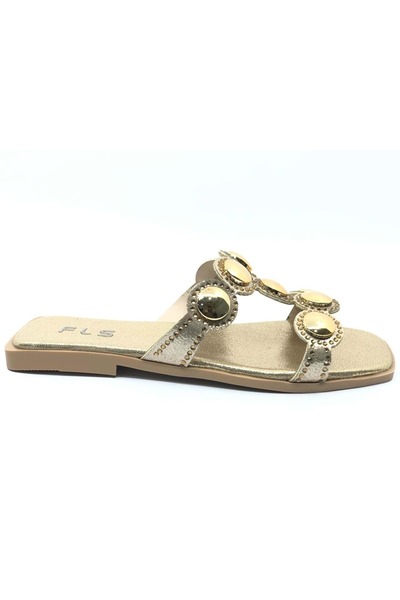 KOCAMANLAR Feles Thin Sole Stone Detailed Women's Slippers Gold