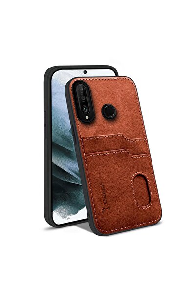 Zebana Huawei P30 Lite Uyumlu Kılıf Kartlıklı Lüx Deri Kılıf Kahverengi