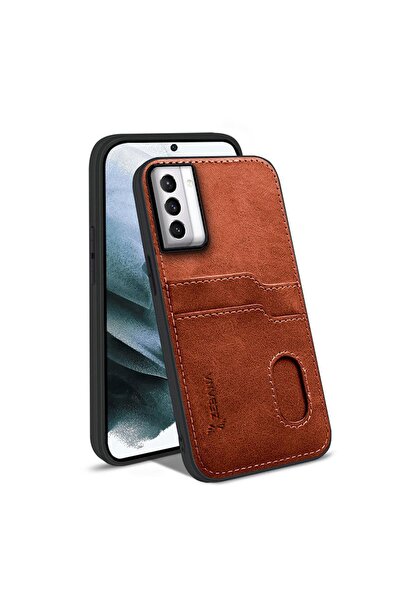 Zebana Samsung Galaxy S21 FE 5G Uyumlu Kılıf Kartlıklı Lüx Deri Kılıf Kahverengi