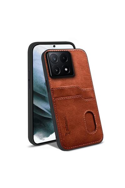 Zebana Xiaomi Poco X6 Pro 5G Uyumlu Kılıf Zebana Kartlıklı Lüx Deri Kılıf Kah...