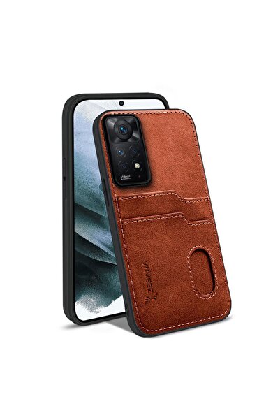 Zebana Xiaomi Redmi Note 11 Uyumlu Kılıf Kartlıklı Lüx Deri Kılıf Kahverengi